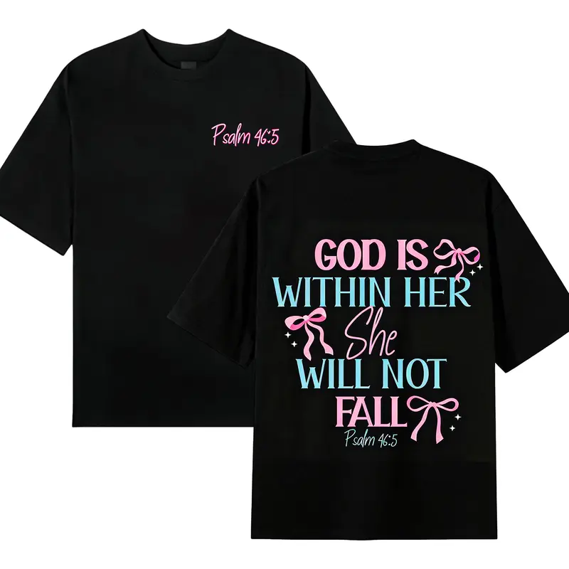 Unisex Retro Vintage Loose-Fit Short-Sleeve Round Neck T-Shirt, 180g Washed Cotton, Soft Breathable Stylish Dual-Sided "GOD IS WITHIN HER SHE WILL NOT FALL" Psalm 46:5 Inspirational Top for Spring Summer Casual Wear (Sports & Outdoor Clothing)