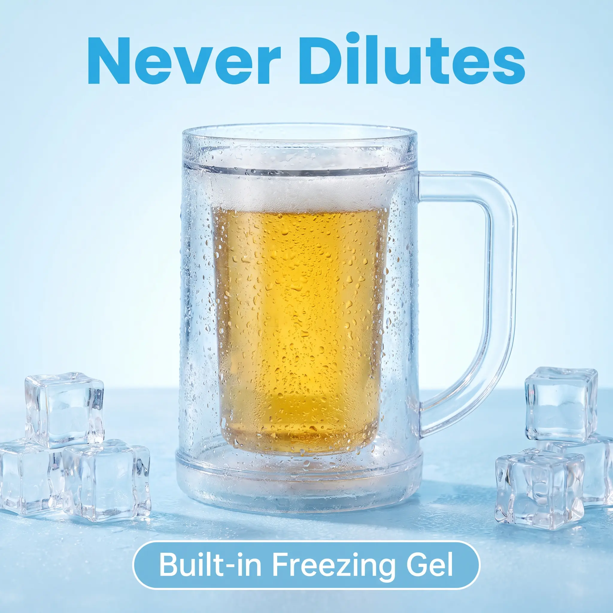 330ml Food-Grade Thick-Walled Freezer Beer Mug - Lightweight Tumbler with Chilling Gel, Thick Non-Slip Handle, No Dilution for Iced Coffee, Soda; Geometric Design for Home Casual Time, Party BBQ Use, Tumblers