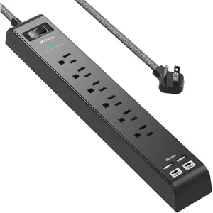 Surge Protector Power Strip - 6 Outlets 4 USB  Ports, 5Ft Braided Extension Cord, Flat Plug, Overload Protection, Wall Mount for  Office, Dorm Room Essentials, Black