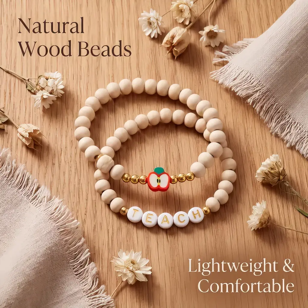 Teacher Appreciation Gifts for Women, Wooden Beaded Bracelet with Apple Charm, Thank You Teacher Bracelet Gift with Card, Back to School Gifts for Teachers, Classroom Supplies, End of Year Teacher Gifts