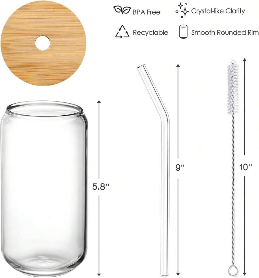 4PCS Glass Cups With Bamboo Lids And Straws, 16OZ Ice Coffee Cup, Drinking Cup Set With Wooden Lids, Home Essential Glass Tumblers For Beer, Cocktail, Tea And Latte Clear.