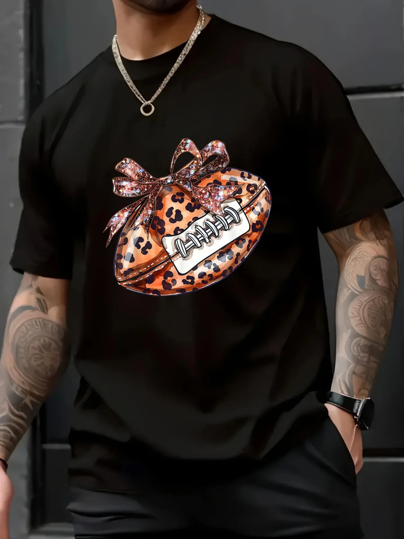 Men's Unisex 100% Cotton Shortsleeve Round Neck Football Jersey - Leopard Cheetah Print with Ribbon Bow, Casual Loose Loungewear Party Top, Wardrobe Essential, Stylish, Menswear