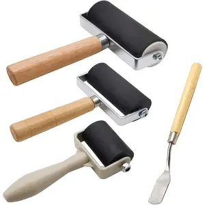 4 Pack Rubber Brayer Roller with 3 Sizes for Printmaking Crafting, Paint Ink Applicator Art Tool for Oil Painting, Includes 1 Scraper, Sizes 1.4in 2.4in 4in