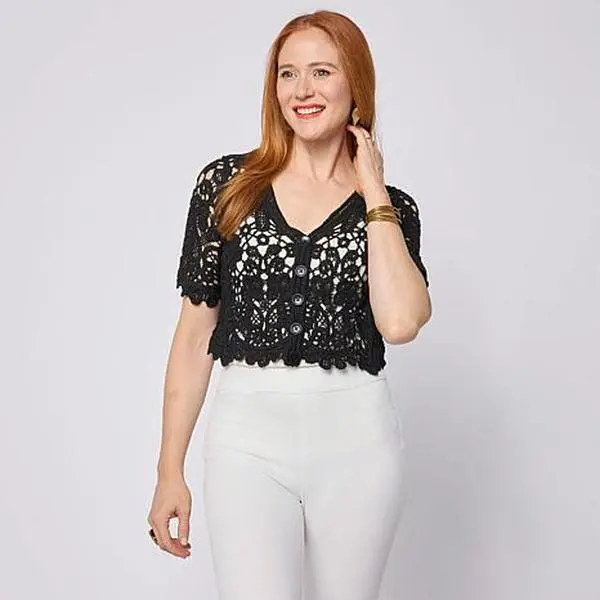 Nina Leonard Open Crochet Elbow-Sleeve Bolero Top