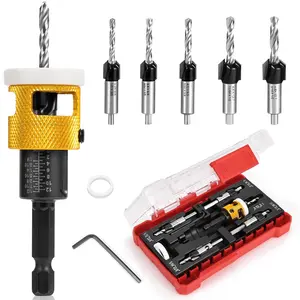 5 count Countersink Drill Bit Set, Low Friction Depth Stop, 1/8 9/64" 5/32" Drill + 3/8" 82? Counter-Bore, 11/64" 3/16" Drill + 1/2" 82? Counter-Bore, 1/4" Hex Shank, for Woodworking, with Storage Box