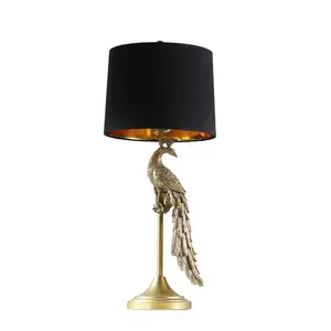 29" Modern Elegant Golden Peacock Resin Table Lamp, Cotton/Linen Half-Drum Shade with Gold Liner, Inline Switch on Clear Silver Cord, UL Listed, Decorative Lamp for Living Room Bedroom
