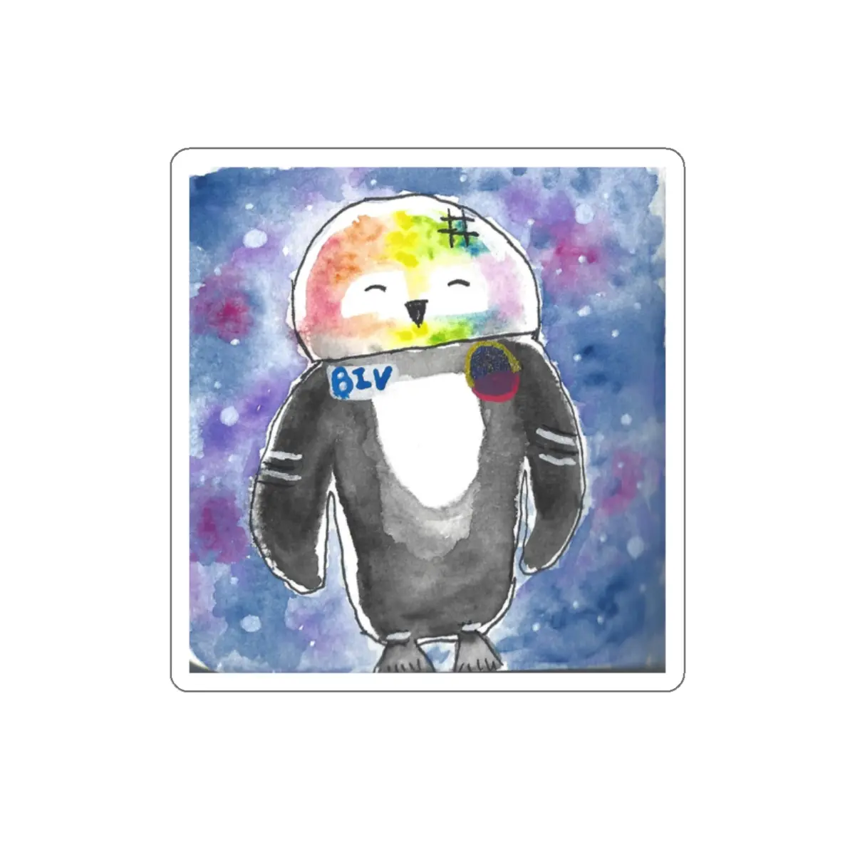 Rainbow Penguin Die-Cut Sticker | Watercolor Space Background  Officer Roy G Biv Penguin in Space