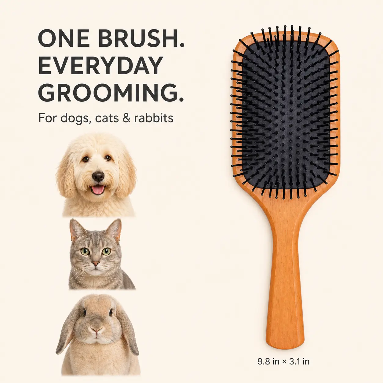 Dog Massage Brush with Air Cushion & Rounded Pins, Wooden Handle