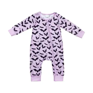 LR1097-baby clothes Halloween long sleeve bat purple  zipper romper