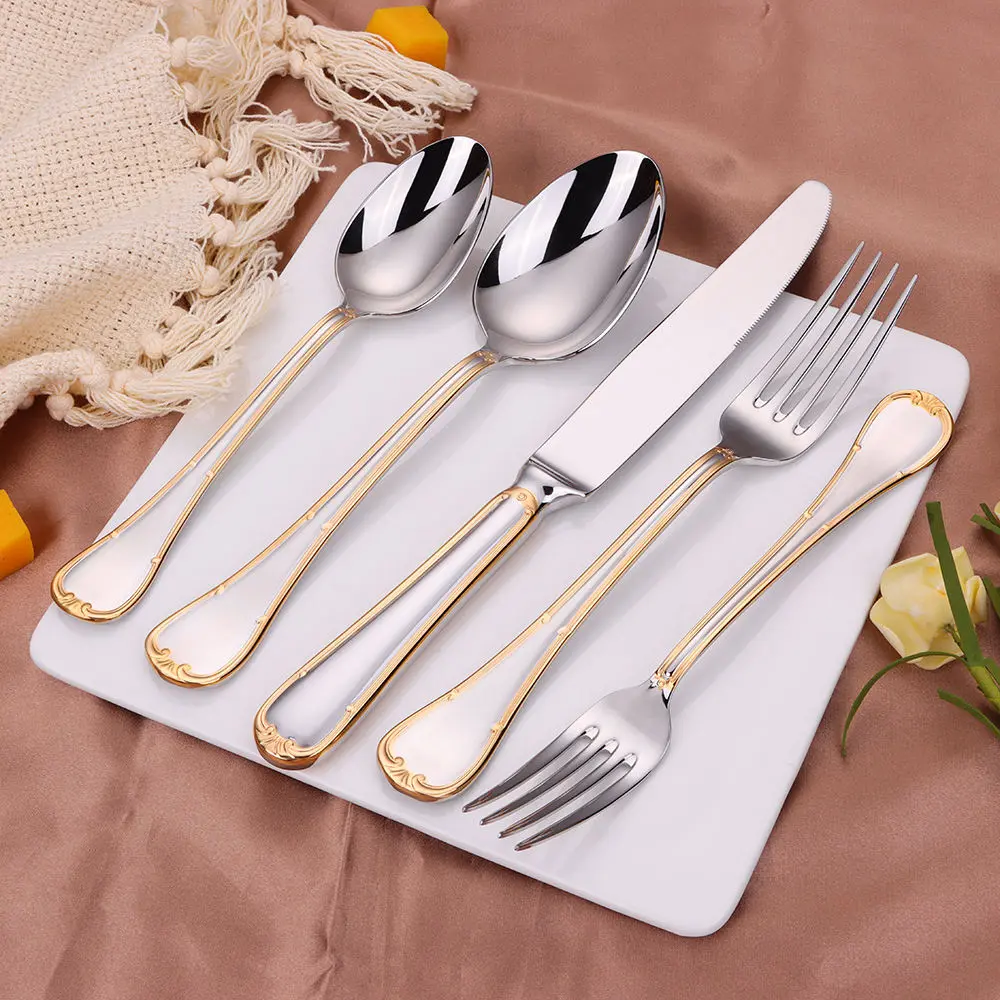 ELiTA ESSENTIALS SARANDA 20-Piece Silver with Gold Trim Flatware Set, 18/10 Stainless Steel Silverware, Service for 4