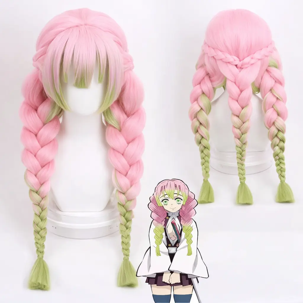 Demon Slayer Mitsuri Kanroji Anime Cosplay Wig - Long Gradient Fade Pink-Green Soft Smooth Texture Heat-Resistant Synthetic Unisex Long Hair Wig with Braided Braid, Adjustable Fit Cap for Anime Conventions, Halloween