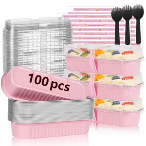 100 Pack Mini Loaf Pans with Lids and Spoons Sealing Sticker, 6.8oz Mini Cake Pans for Baking, Disposable Mini Aluminum Foil Loaf Pans, Pink Mini Loaf Baking Pans, Small Cake Containers With Lids