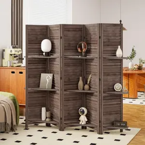 5 Panel 67" Tall Wood Privacy Screen Room Divider with 3 Shelves and Folding Storage for Bedroom, Walnut