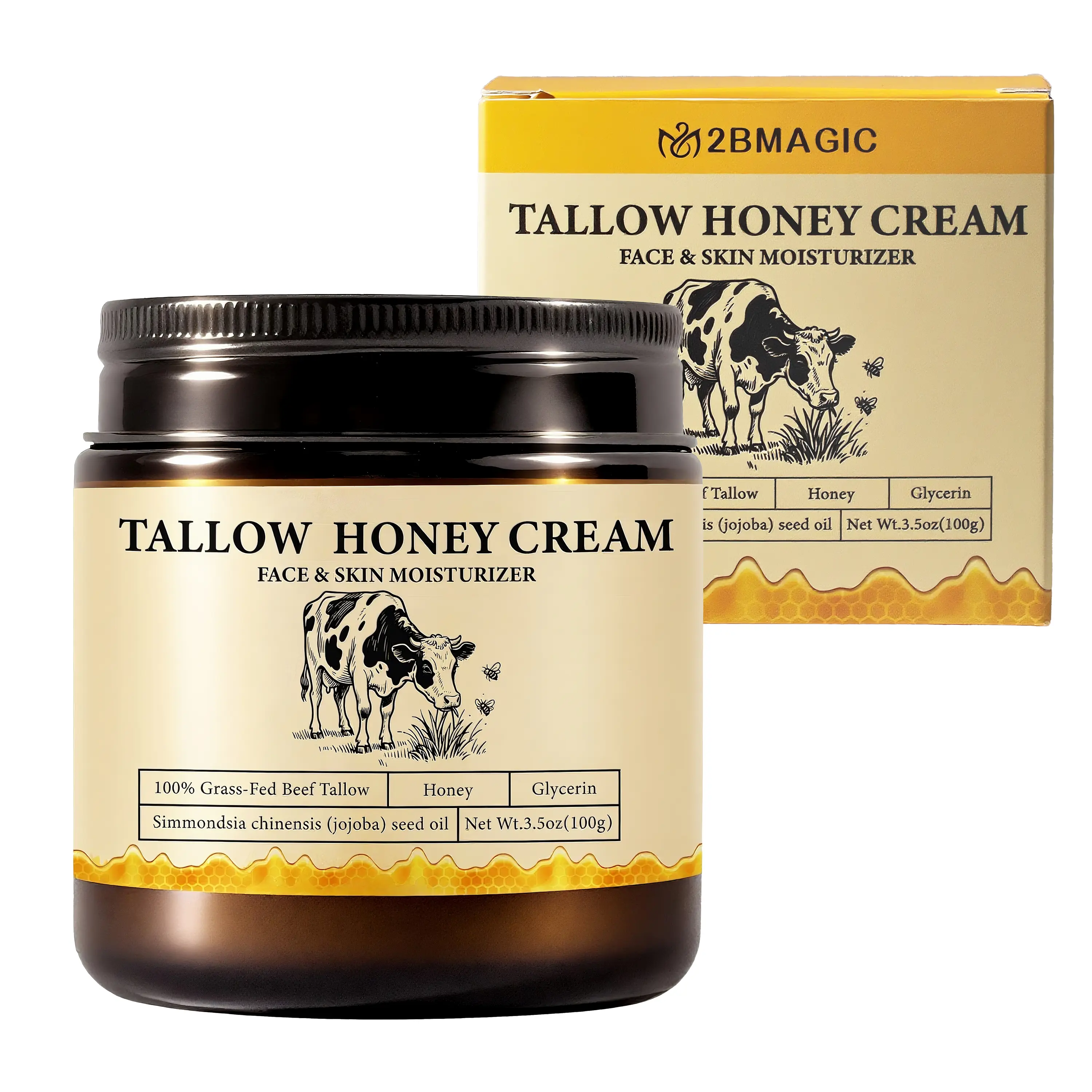 2Bmagic Tallow Honey Cream 100g - Gentle Daily Natural Beauty Products, Skin-Friendly Face & Body Moisturizer, Hydrating Nourishing Balm for Sensitive Skin, Flawless Brightening Repair Travel & Outdoor Use Gift Box, Travel And Outdoor Use, 3.5 Oz (100G),,