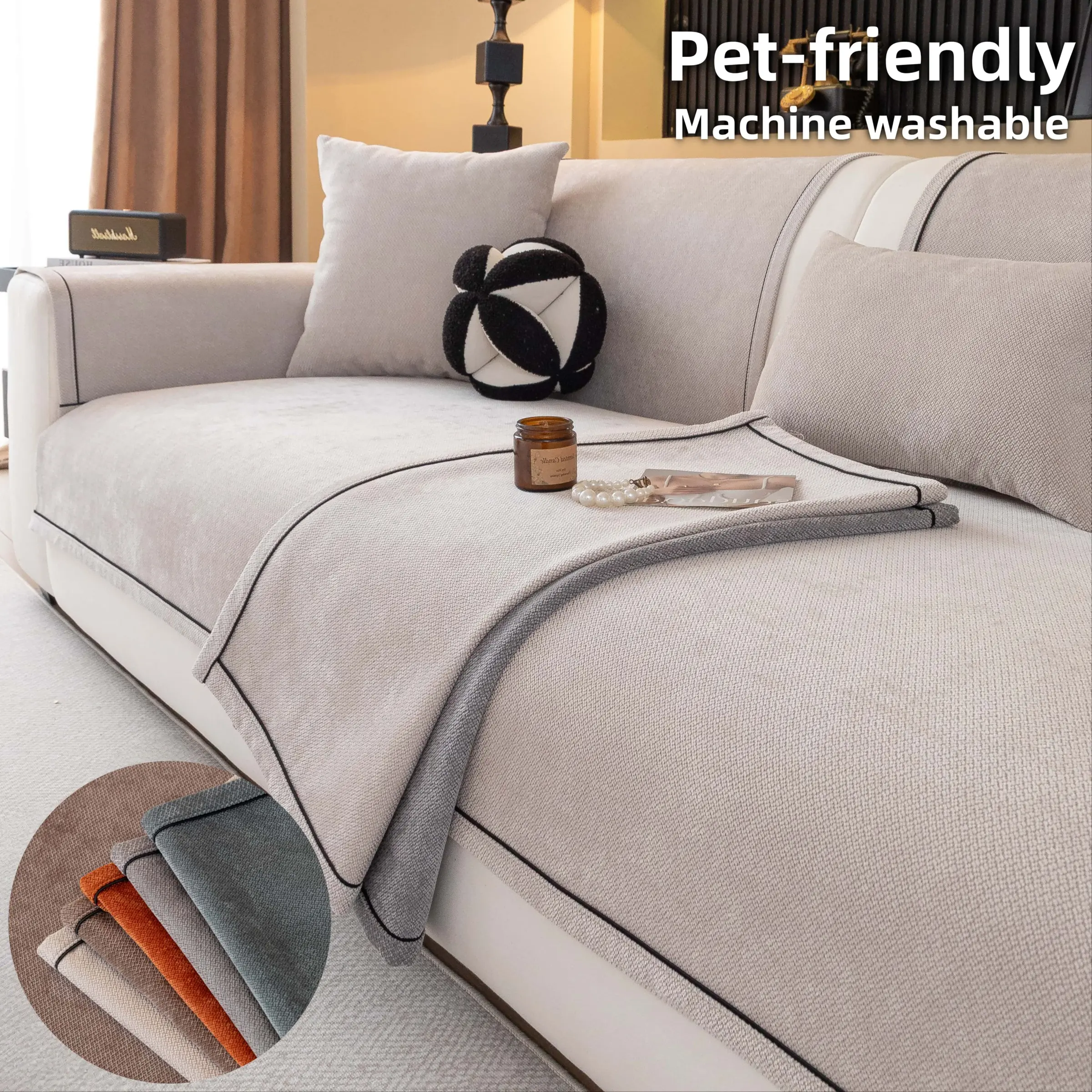 Chenille Sofa Cover, Washable Sofa Slipcover, Solid Color Non-Slip Couch Cover, Soft Sofa Protector, Machine Washable & Scratch-Resistant, Fits 1/2/3/4-Seater & L-Shape Sectional, Armrest/Backrest Pieces, All-Season Living Room Deco