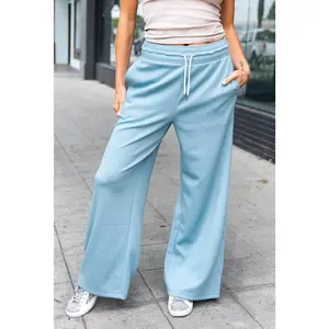 Weekend Ready Blue Grey Scuba Knit Drawstring Wide Leg Pants