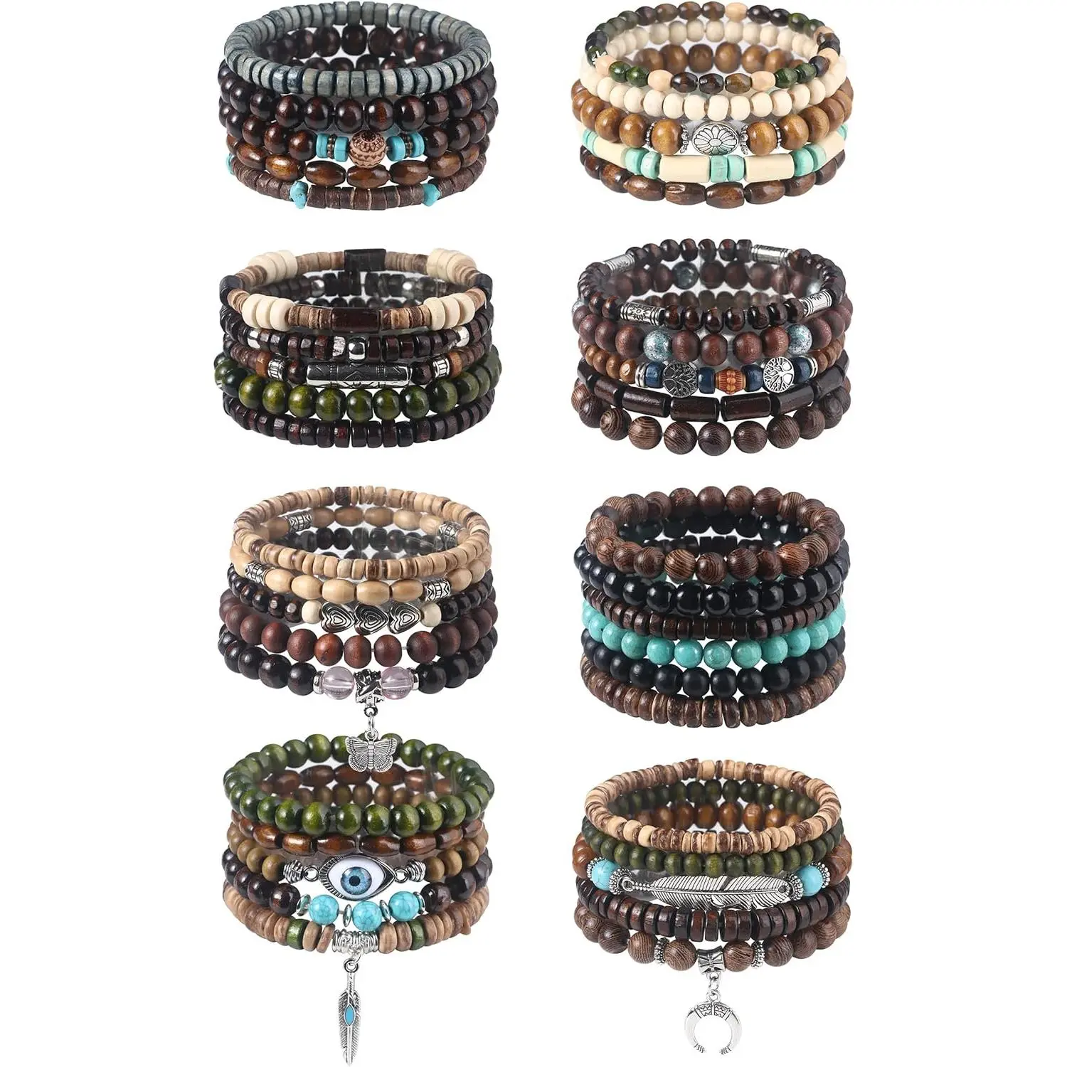 41/44 PCS Wooden Beaded Bracelets for Men Larger Size Adjustable Punk Braided Wooden Bracelet Bulk Wood Bangles Wristbands Meaningful Jewelry Gift