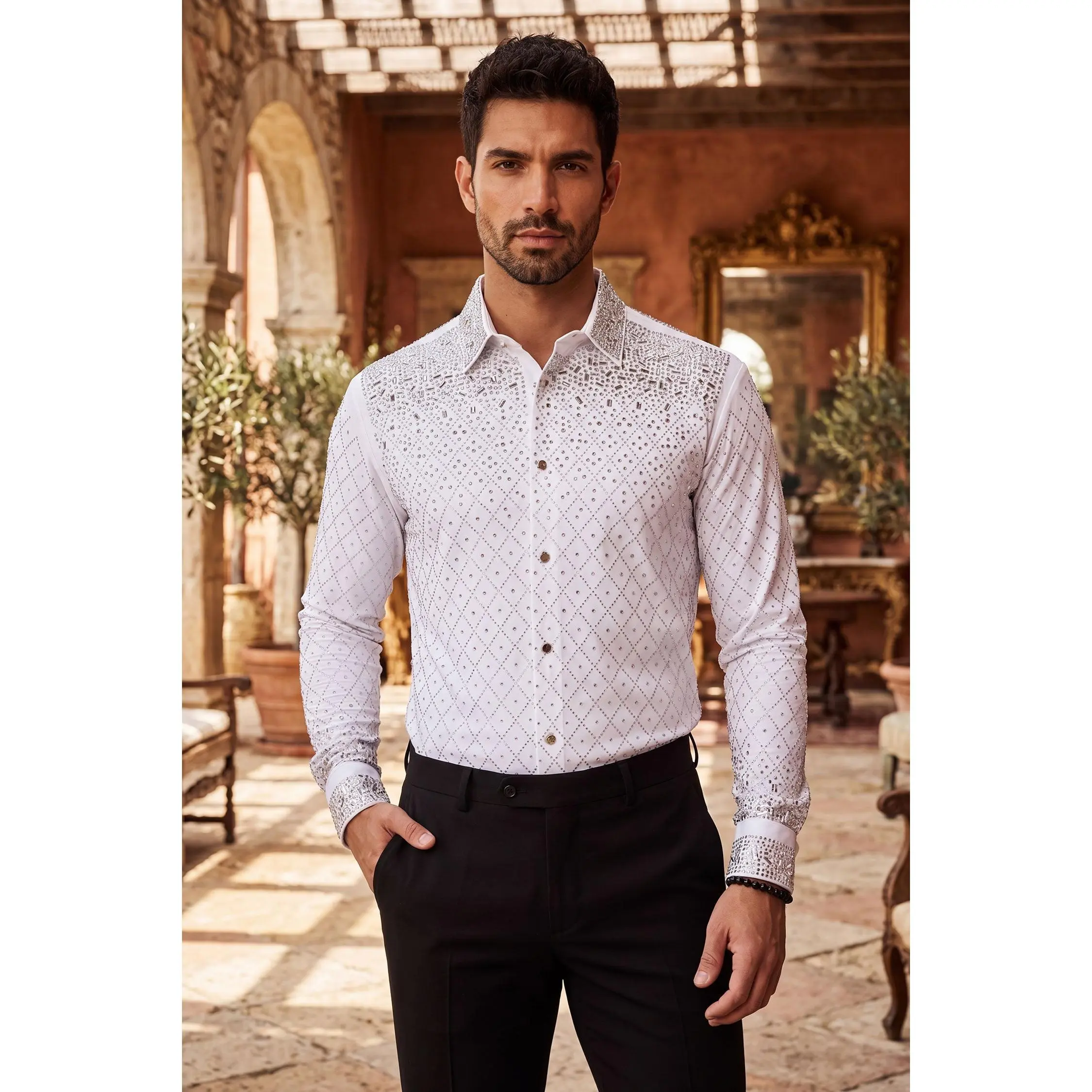 Barabas Trivon Rhinestone Long Sleeve Shirt - Floral Roses Pattern, Slim Fit, Button-Up, Original Design, All Seasons, Menswear Top