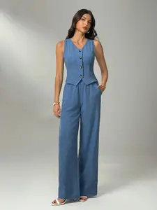 Women's Two-Piece Set, Blue Linen Sleeveless Vest + Wide Leg Pants, Casual Office Wear, Comfortable and Stylish, Spring & Fall Fashion