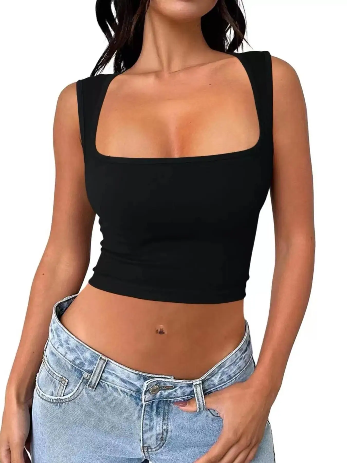 Women's Solid Square Neck Sports Vest, Casual Comfy Breathable Sleeveless Crop Top for Yoga Gym Workout, Ladies Sportswear Clothing for All Seasons