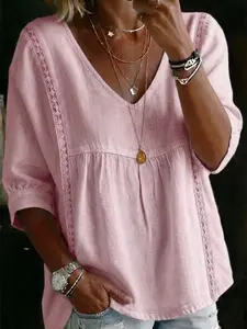 Commute Style V-Neck Babydoll Top, Lace Trim Loose Fit Slimming Breathable Versatile Three-Quarter Sleeve Shirt, Women's Fashion Clothing