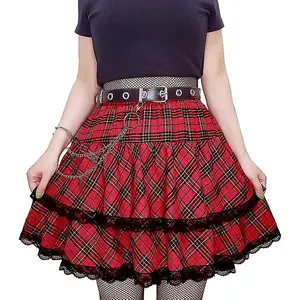 Women's High Waisted Short A-line Flare Gothic Black Purple Pink Plaid Pleated Skirt