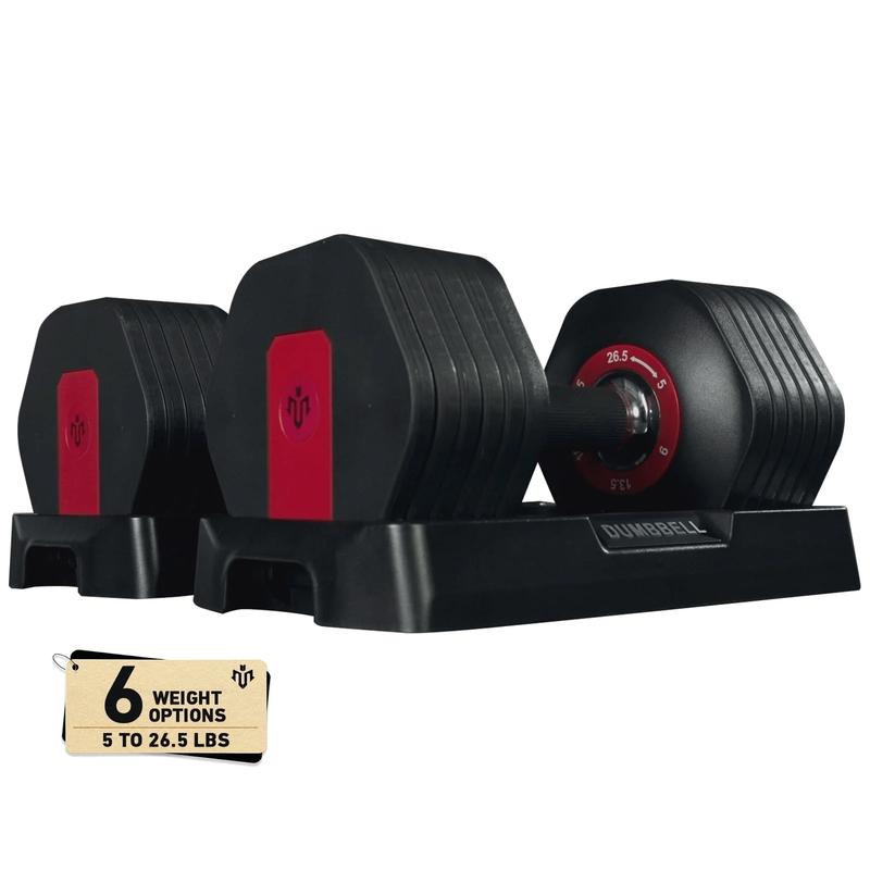 MIKOLO Adjustable Dumbbells Set 53LB Total 2 Weights 5-26.5LB 1-Second Adjustable Anti-Slip Handles Home Gym Equipment with 6 Weight OptionsMIKOLO