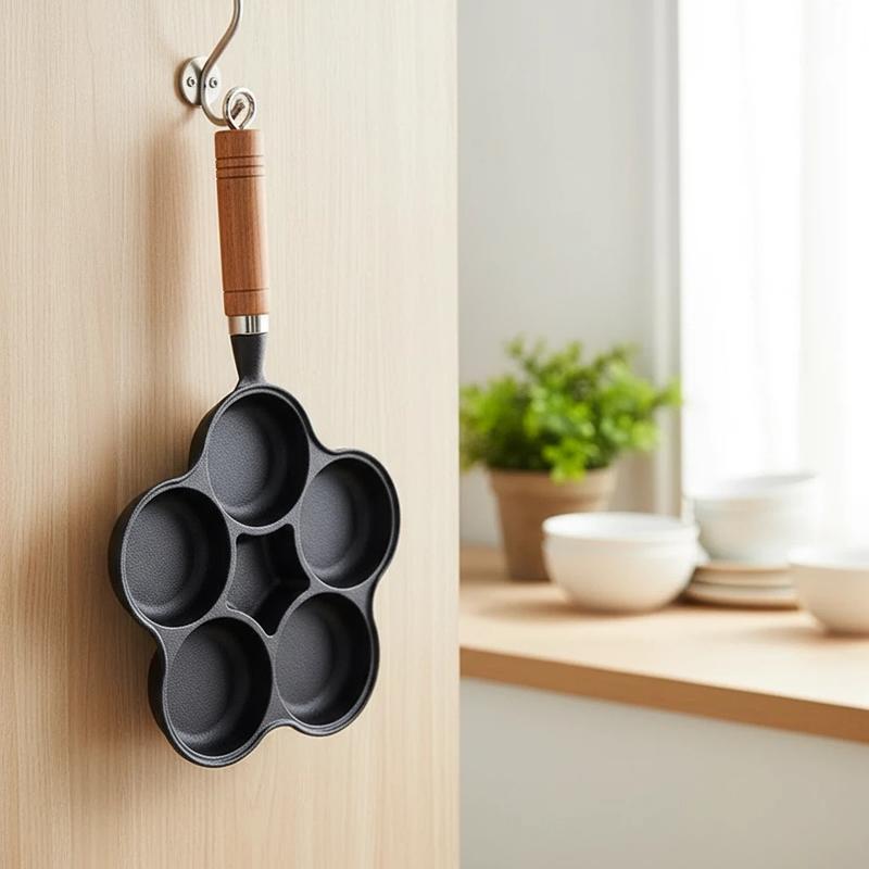 6-Hole Cast Iron Frying Pan Non-Toxic Naturally Non-Stick Fits All Stoves for Eggs Mini Burgers Pancakes Safe Everyday Use Easy Cleanup