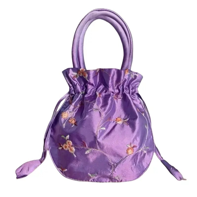Purple Embroidered Floral Drawstring Bag - Elegant & Vintage Organiser with Floral Design and Adjustable Straps