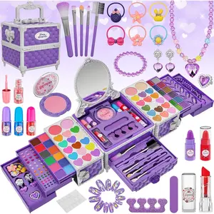 99 Pcs Kids Makeup Kit for Girls, Princess Toys Real Washable Cosmetics Set with Mirror, Hair Ties, Nails, Rings, Earrings, Necklace, Perfect for 3 4 5 6 7 8 Year Old Girls Birthday