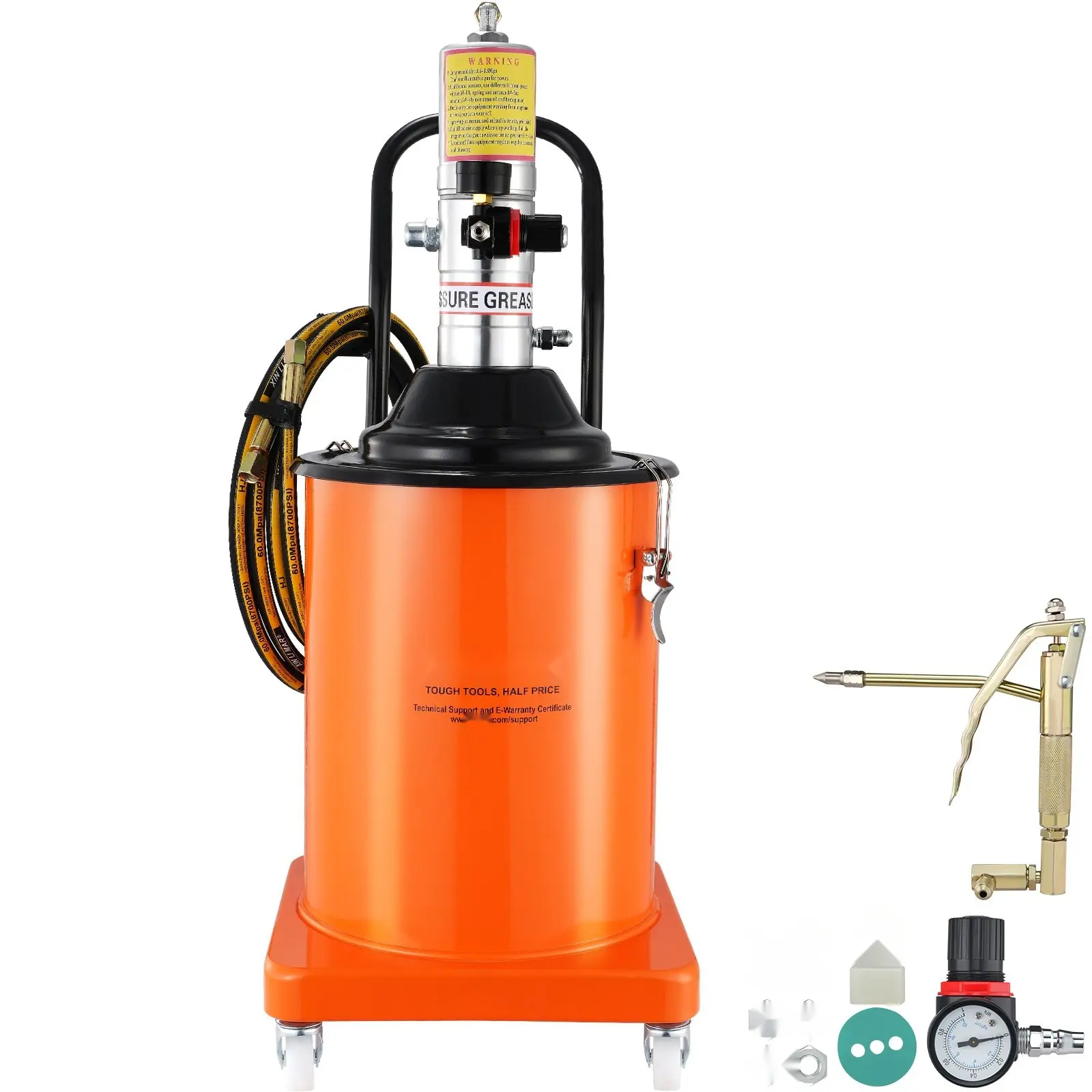 Air Operated Grease Pump, 5 Gallon (20L) Capacity, 13 Ft High Pressure Hose With Grease Gun, Portable Pneumatic Bucket Pump On Wheels, Lubrication System For Industrial Use, 50:1 Pressure Ratio