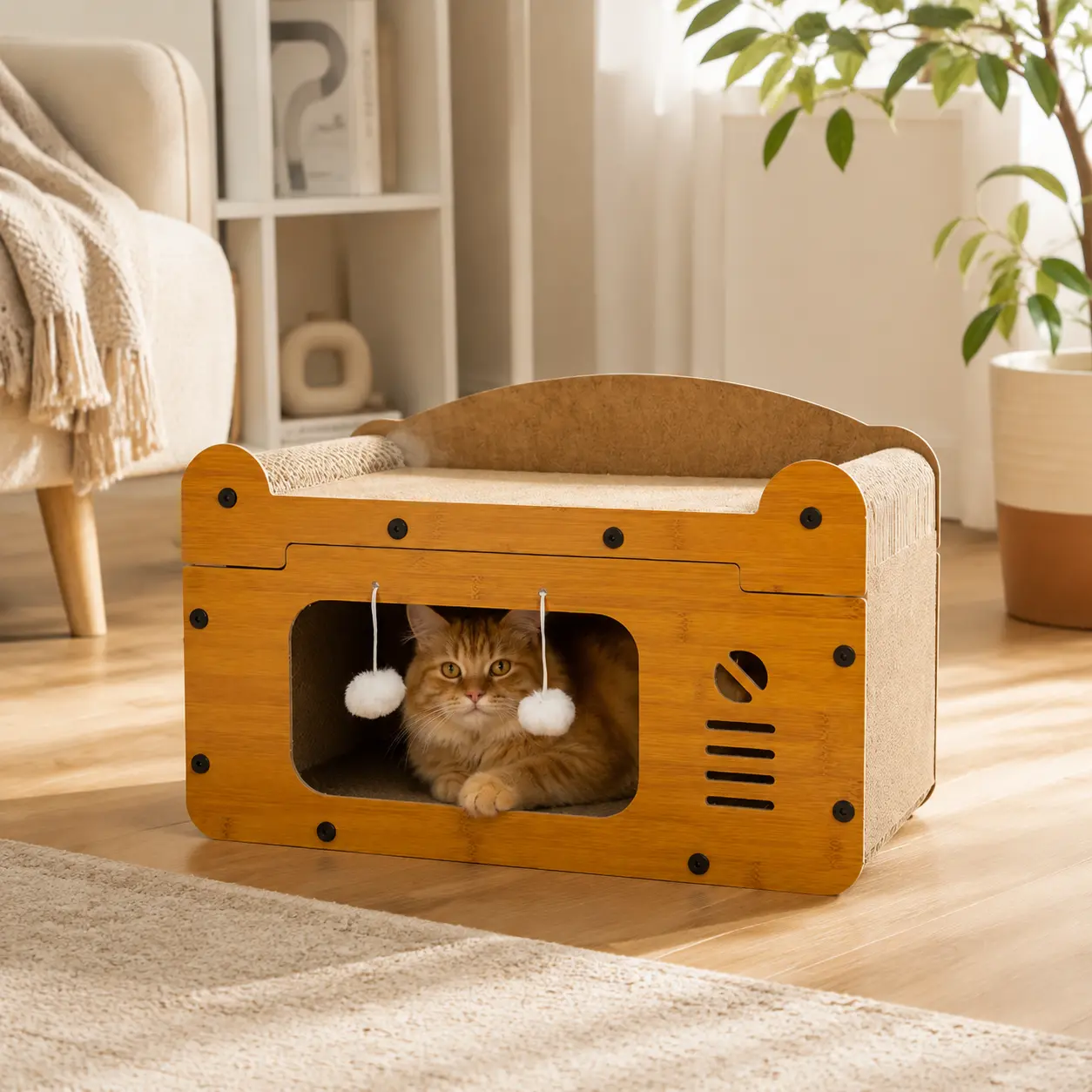 2-in-1 wooden cat scratching board cave bed, corrugated paper hideaway for cats with a plush ball toy; sturdy, wear-resistant furniture for cats to scratch and rest, suitable for indoor kittens and adult cats.