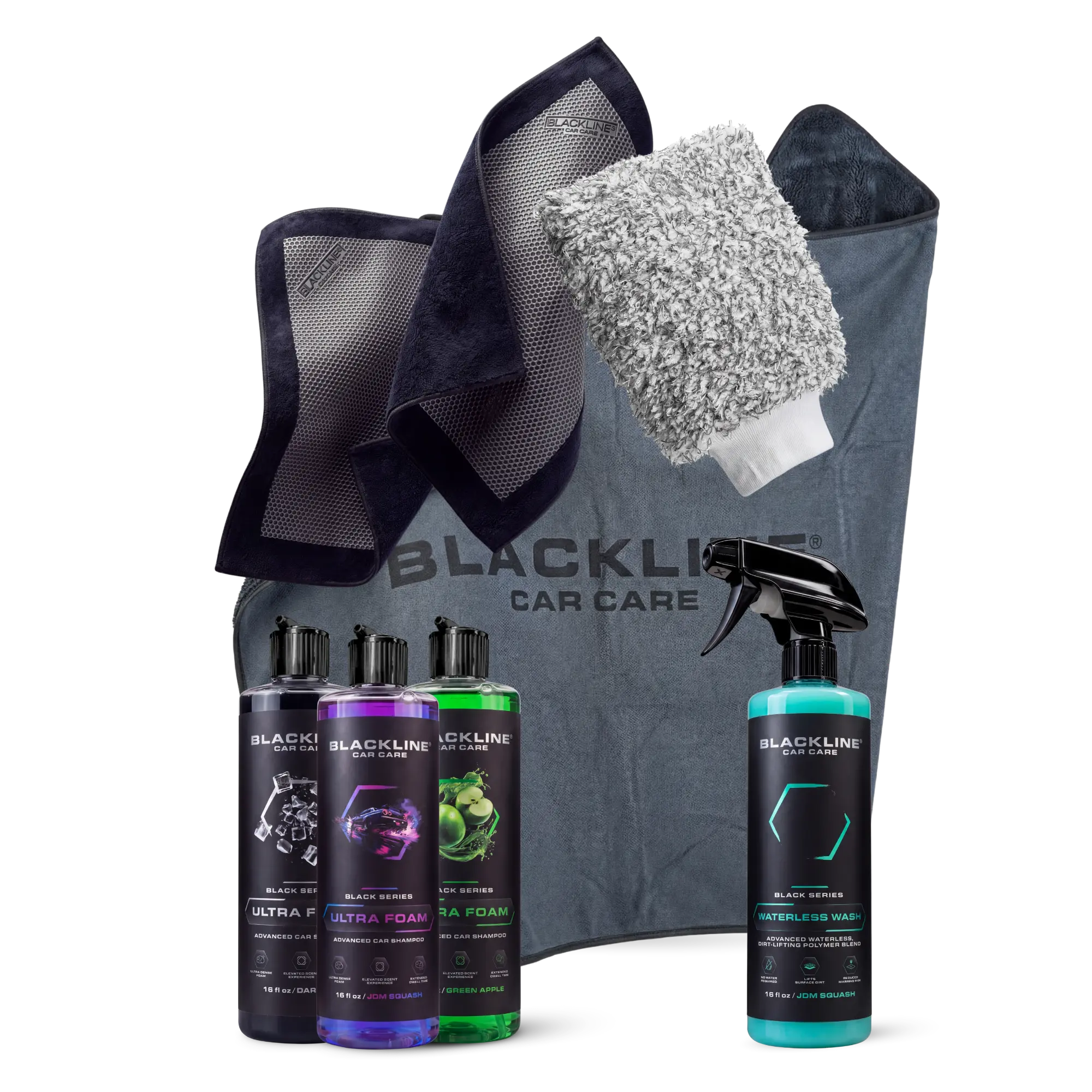 BLACKLINE Car Cleaning Kit Clay and Wash Bundle - 2 Clay Towels, 1 Wash Mitt, 1 Slim Drying Towel, Waterless Cleaner, 3 Ultra Foam Soaps, Bold Fresh or Sweet Scent Set for Smooth Paint Care, Clean & Smooth