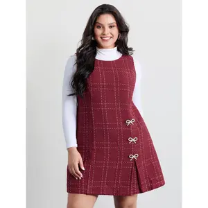 BLOOMCHIC Plus Size Tweed Knee-Length Dress with Metal Bows [M–6X], 2026 Summer Vibes