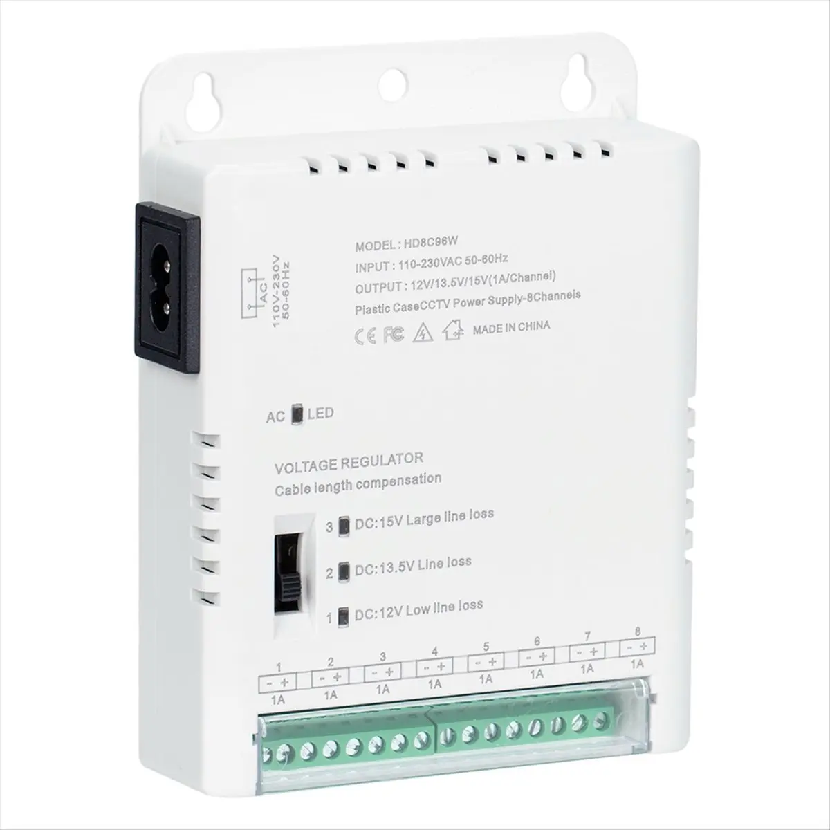 CCTV Power Supply Distribution Box, 8 Channel 96W with Selectable 12V/13.5V/15V DC Output for Security Cameras, Plastic Housing (HD8C96W), Selectable Volt.