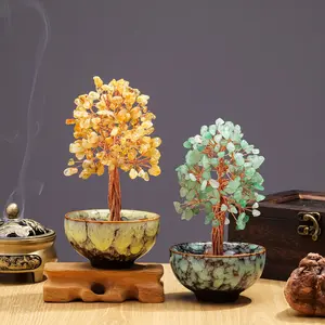 Natural Crystal Tree Energy Stone, Copper Wire Wrapped Colorful Flower Pot, Yoga Feng Shui Decor, Money Tree Decoration, Home Office Decoration