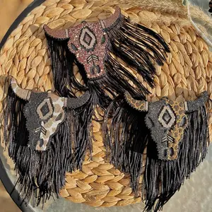 Brown and Animal Print Cattle Skull Car Freshie with Fringe Accents