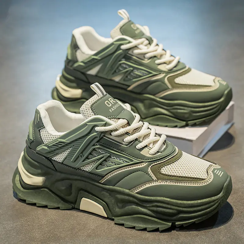 Brand GGOR Men's Youth Height Increasing Sports Shoes Thick Sole Cushioning Breathable Mesh Synthetic Upper Olive Green White Low Top Lace Up Campus Street Casual Wear Potential Dad Shoes