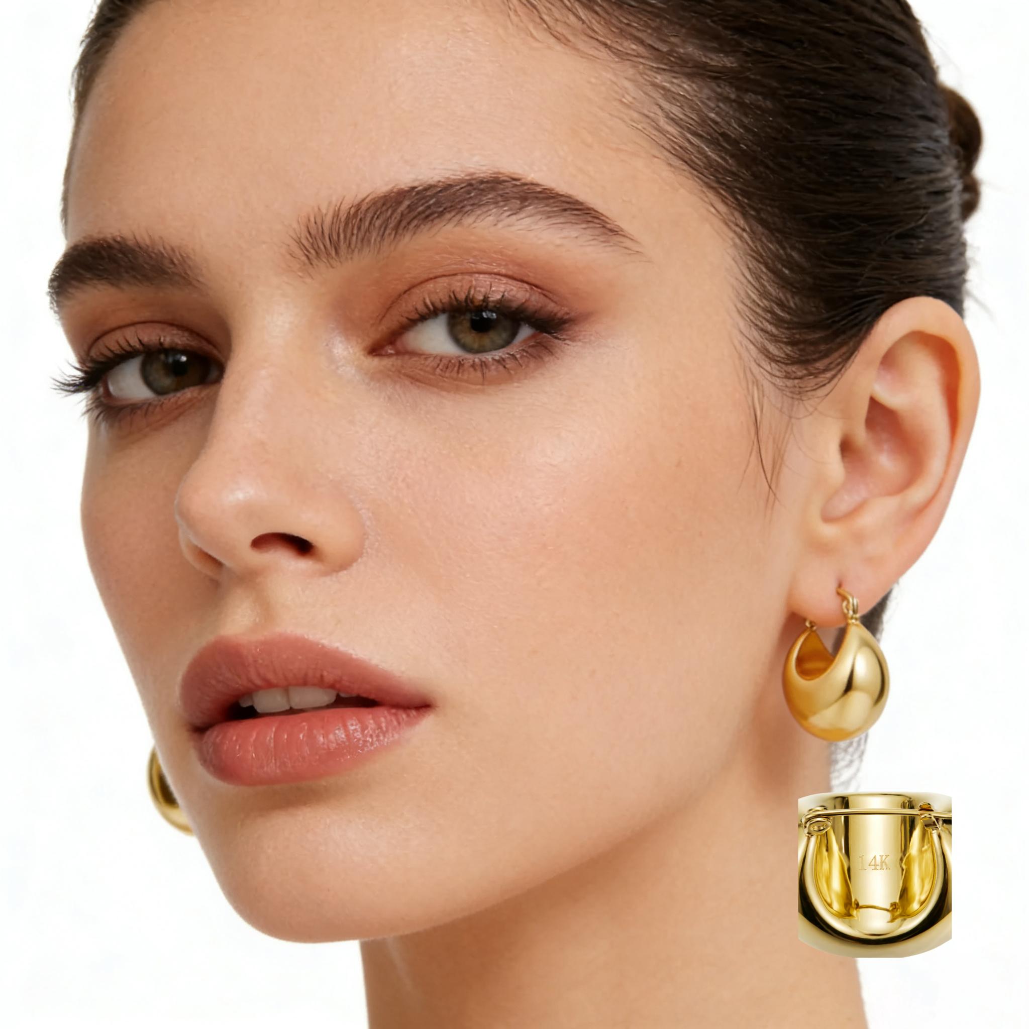 14K Real Gold Plated Chunky Hoop Earrings for Women Simple Handmade Hypoallergenic Gold Hoops Flatback Stud Earring Thick Hoops Trendy Jewelry