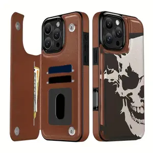 A high-end leather cardholder phone case with a skull pattern, suitable for iPhone 17 Air/16 Plus/15 Pro Max/14 Pro/13/12/11/XS Max/X phone case, perfect for holiday gifts for family, friends, lovers, boyfriends, girlfriends, best choice KBPK05