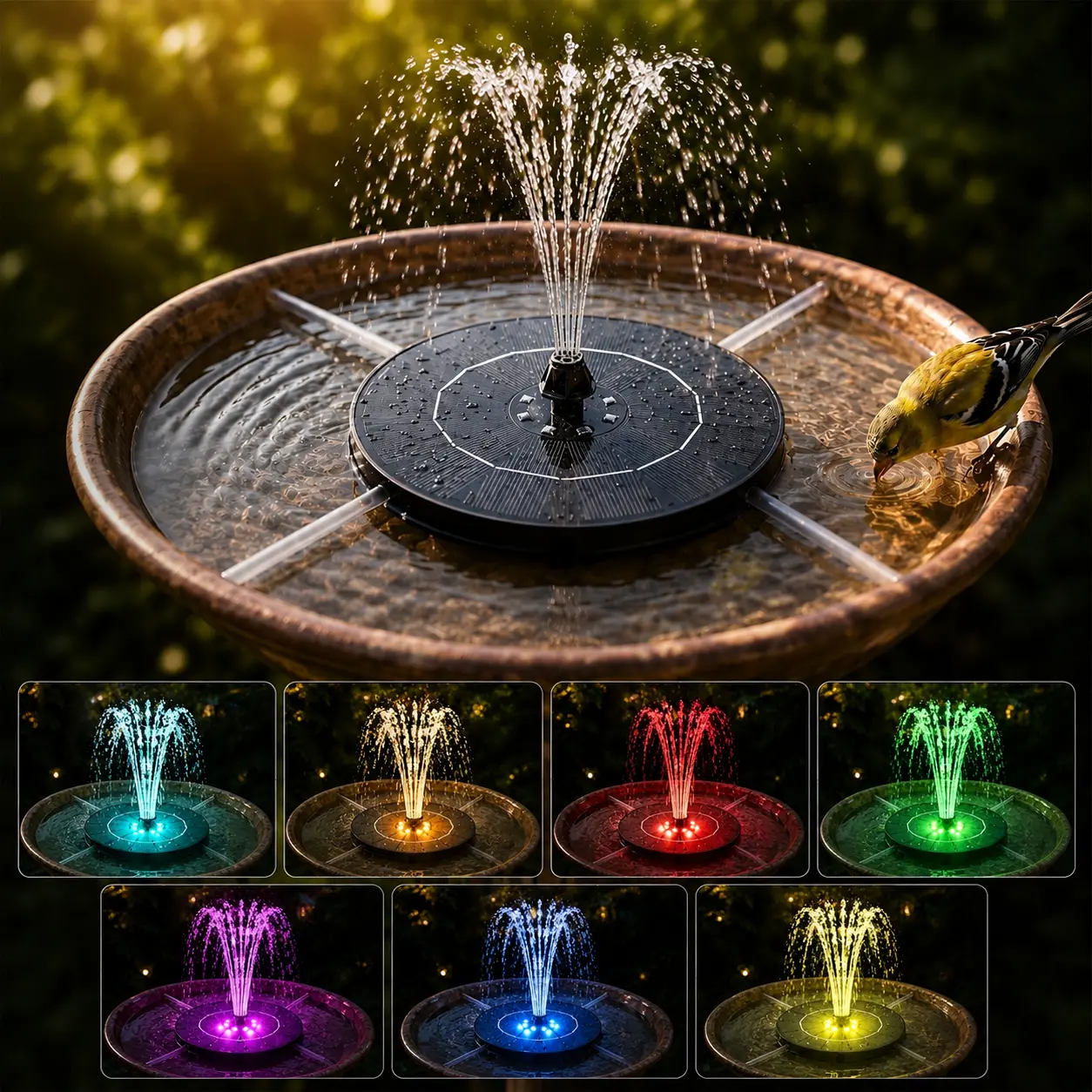 Solar Water Fountain, 3.5W Solar Bird Bath Fountains with Colorful LED Lights, 2200mAh Battery, 4 Nozzles and 4 Fixers, 6-Hour Workday, Solar Water Fountain Pump for Pond, Pool, Patio and Garden
