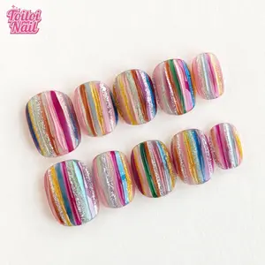 Rainbow Stripe Bundle Handmade Press-On Nails | Short Squoval Shape, 10pcs Handmade | 2 Styles Available: Sweet Berry/Neon Bold | Glitter Vertical Stripe | High Gloss Finish | Reusable DIY Nail Kit for Daily/Party | Trendy Eye-Catching Look