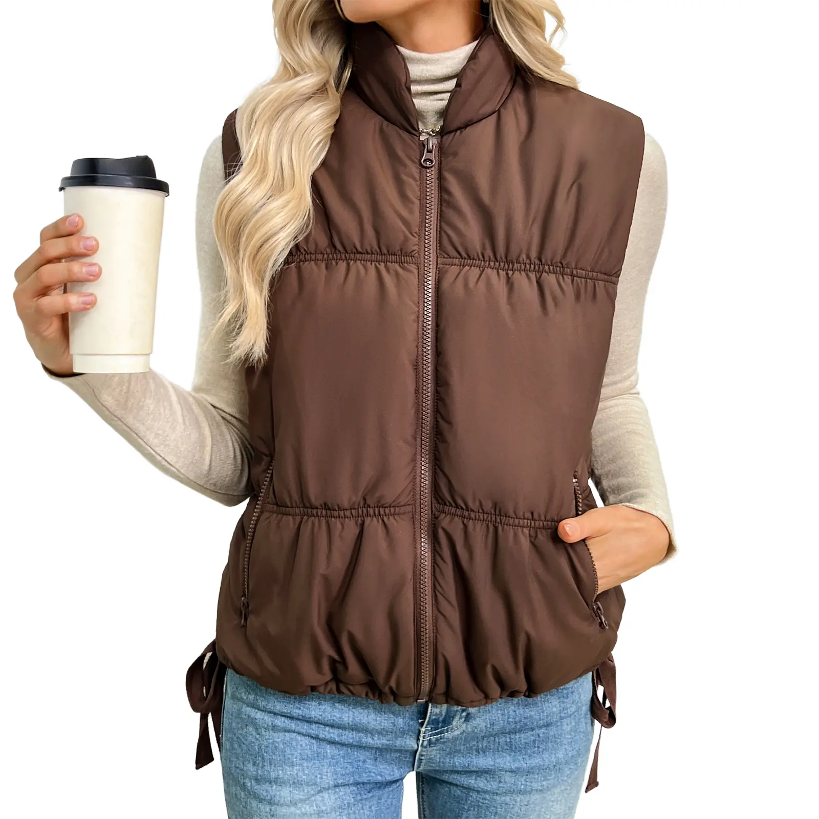 EVALESS Women's Drawstring Waist Quilted Puffer Vest, Zip Up Collared Loose Fit Cropped Sleeveless Outerwear with Side Pockets