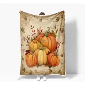 EyesoulFall Pumpkin Throw Blankets, Autumn Thanksgiving Harvest Vintage Cozy Warm Bed Couch Blanket, Farmhouse White Fleece Flannel Throws to Decorate Room Bedroom Camping Travel