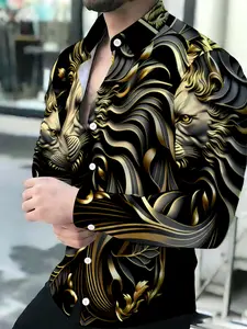 Men's Summer Fashion Casual Golden Lion Head Print Long Sleeve Button Shirt