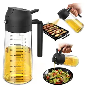 16oz/470ml Glass Olive Oil Sprayer for Cooking – 2 in 1 Olive Oil Dispenser Bottle for Kitchen Gadgets and Air Fryer Accessories, Salad, BBQ - Black