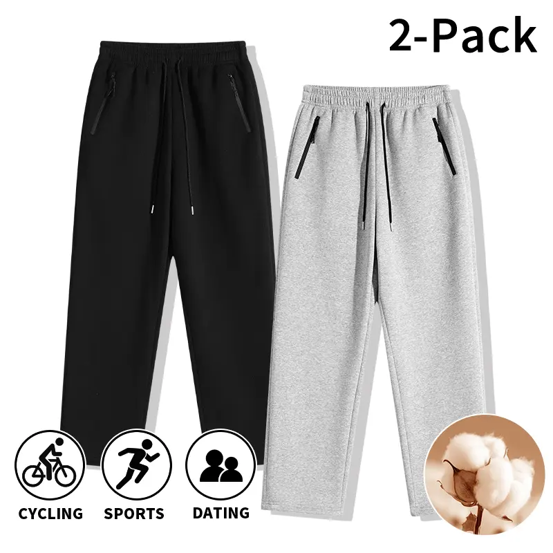 Men's 2-Pack Cotton Blend Full-Length Straight Cut Uncuffed Casual Comfy Joggers, Practical Pockets All-Season Menswear Bottoms