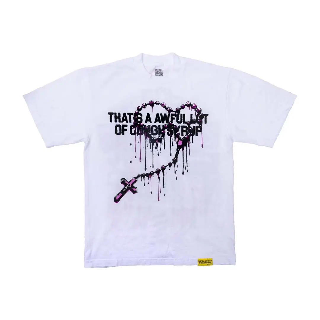 Awful Lot of Cough Syrup Rosary Mary Spell Out White Tee