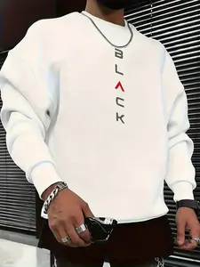 Men's Letter-Print Long-Sleeve Round-Neck Pullover, Autumn-Winter Casual Sportswear Top