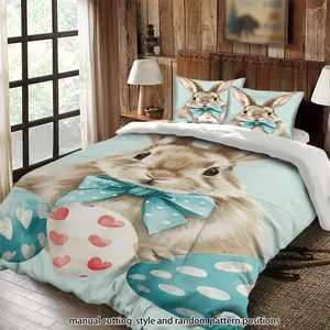 Brown rabbit with blue bow and colorful eggs 3-piece comforter set, bedding set, suitable as a gift.